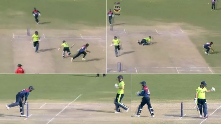 video nepal wicketkeeper refuses run out batsman fell after colliding bowler 2849 3jih9z